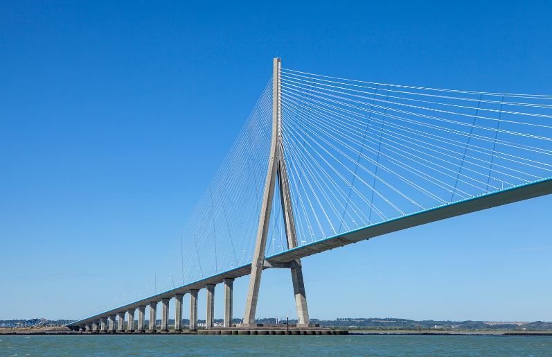 Ponte di Normandia visto dal basso durante la navigazione sulla senna. una opera ingegneristica imponente di cemento armato e acciaio.